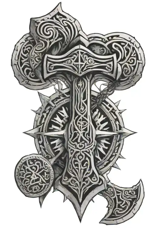 Thor's Hammer And Nordic Compass With Viking Runes Around