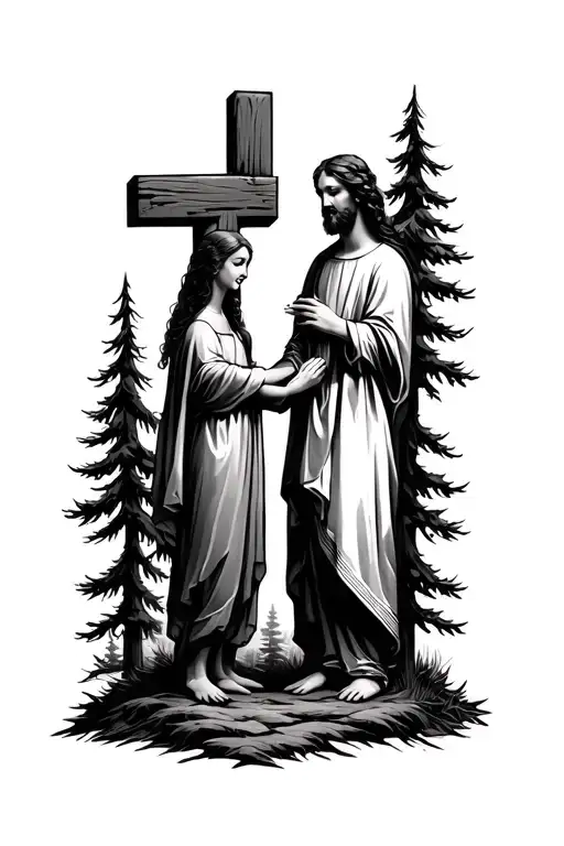 Father Daughter Holding Hands Goes To A Cross Surrounded By Pines