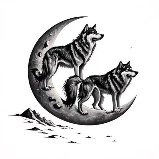 Three Wolves And Mother Wolf On The Moon