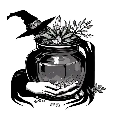 Spell Jar With Plants And Crystals And Witch Hands