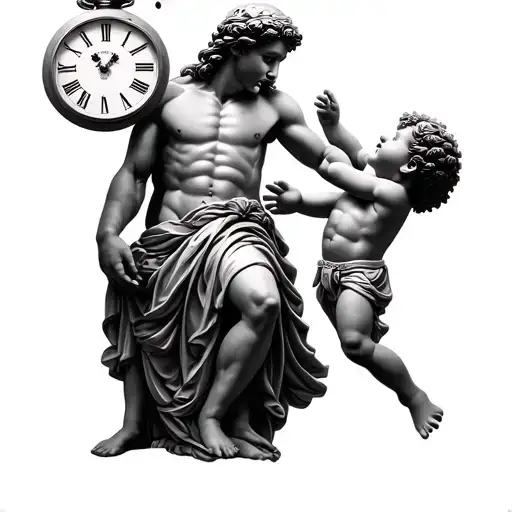 Analog Clock And Greek God And Child With Ball In Hand