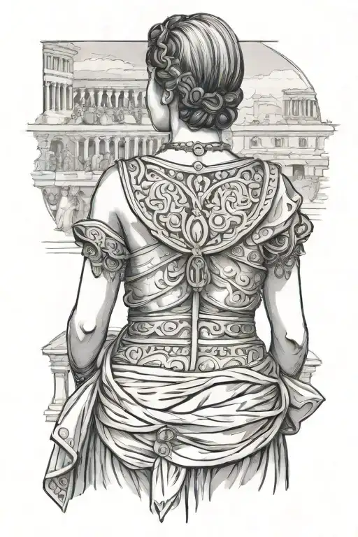 Woman In Ancient Roman Dress From Behind With A Crowd