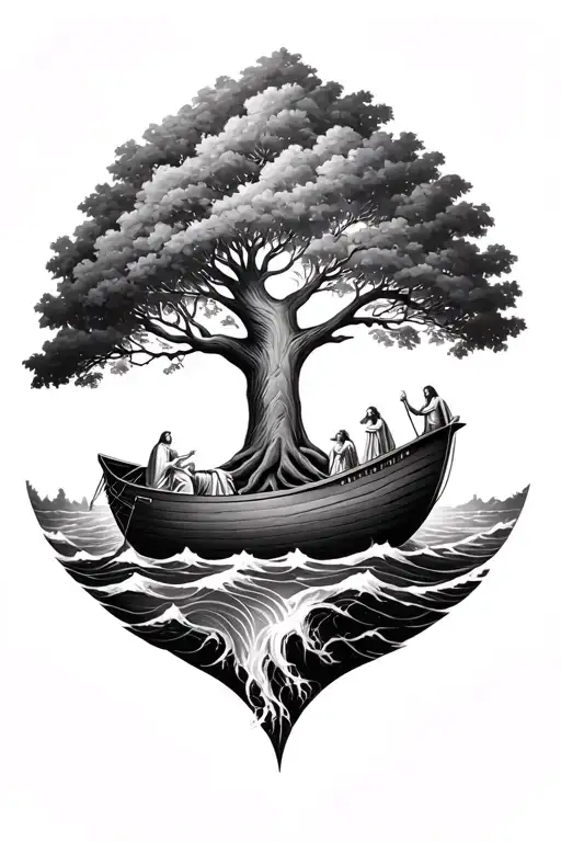 The Tree Of Life And Noah's Ark With Moses Parting The Sea Realistic Style