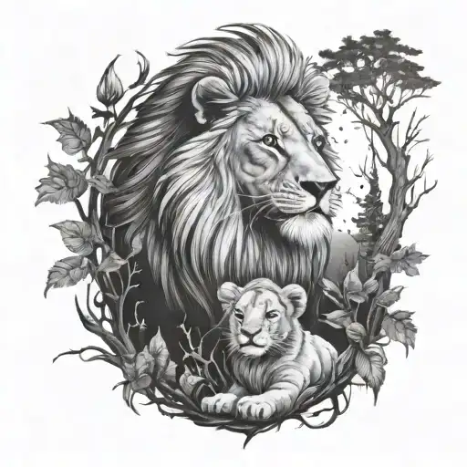 Lion And Cub In Forest At Night With Torches