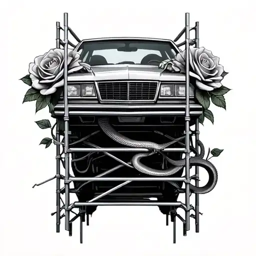Scaffolding And Car With Roses With Snake Roses