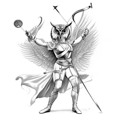 Goddess Athena Dressed As A Fencer With A Sabre And An Flying Owl Next To It