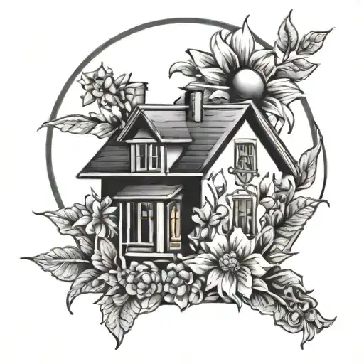 House And Sun And Flowers Intertwined