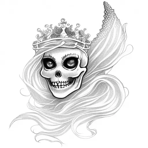 Skeleton Mermaid With Flowing Hair And A Crown