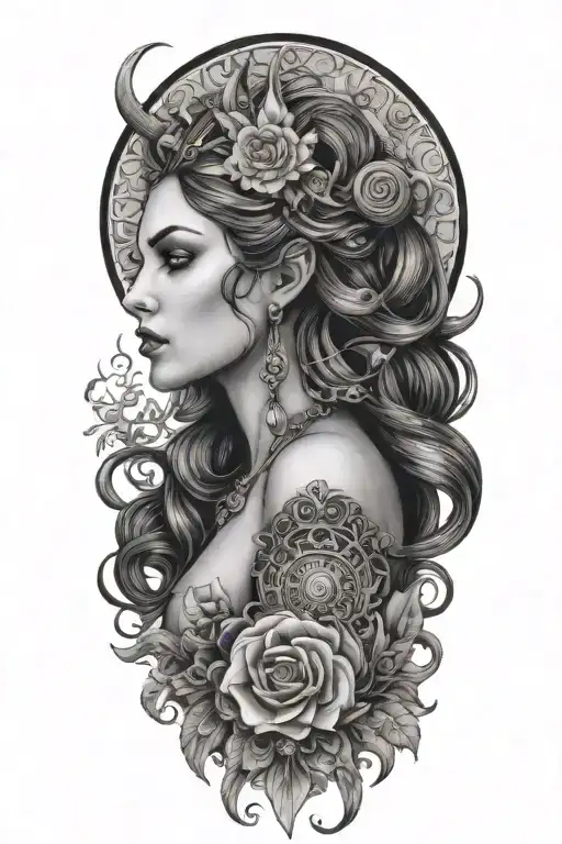 A Black And Grey Portrait Of A Powerful Wiccan Goddess With Intricate Hair Inspired By Cosmetology