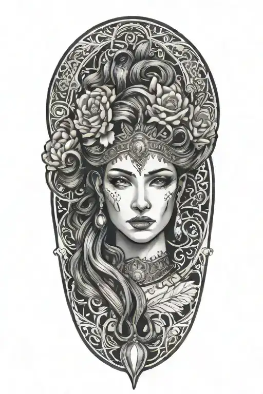 A Black And Grey Portrait Of A Powerful Wiccan Goddess With Intricate Hair Inspired By Cosmetology
