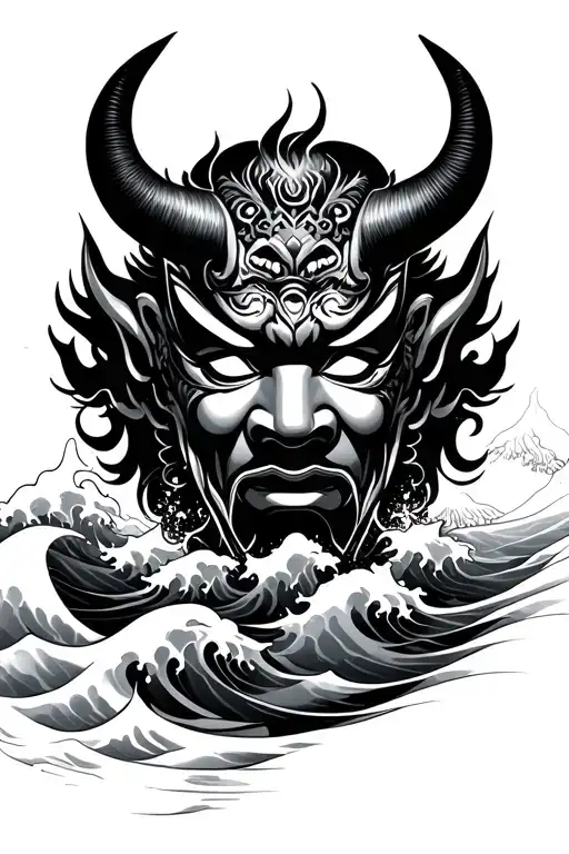 Samari Traditional Japanese With Oni Mask With Waves Forming Realism