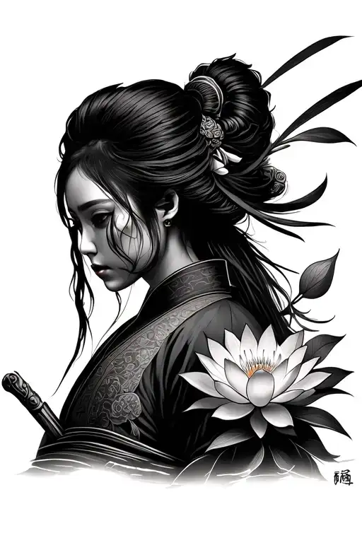 Female Samurai With Lotus Flower