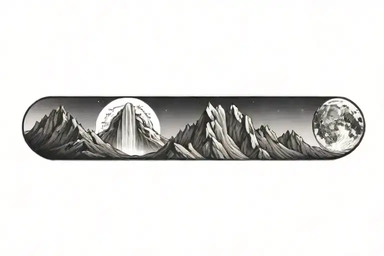 Mountain Range With Waterfall And Moon Surrounded