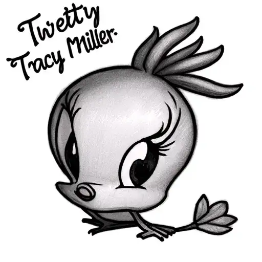 Generate Me A Pencil Drawing Of Tweety Bird With The Name Tracy Miller At The Top Of It