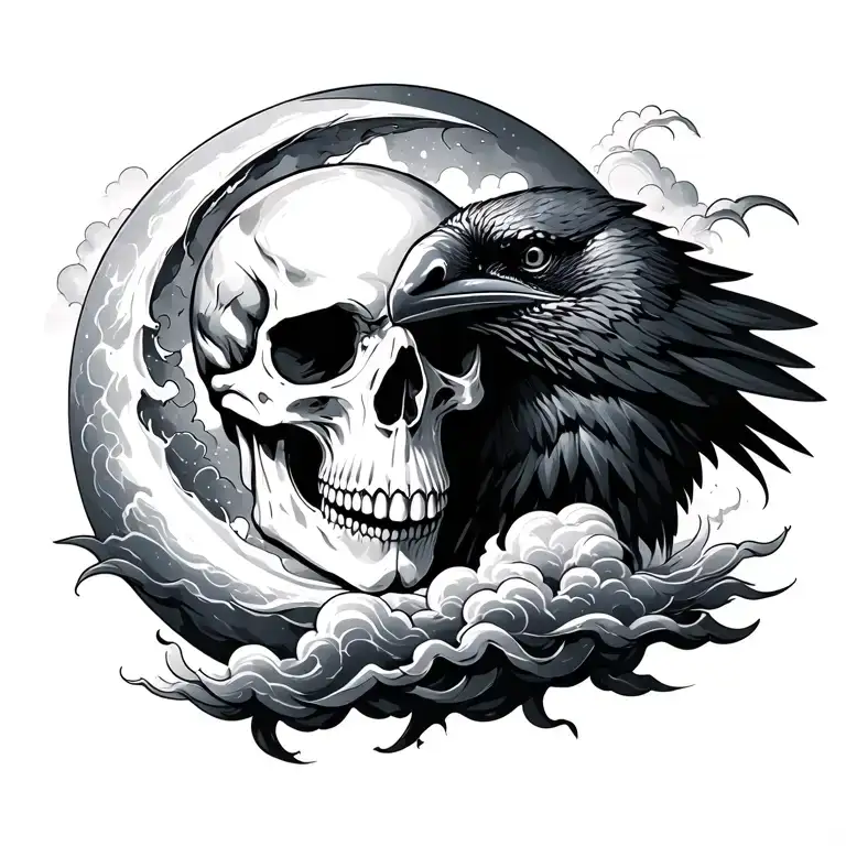 Raven Half Moon Skull Clouds
