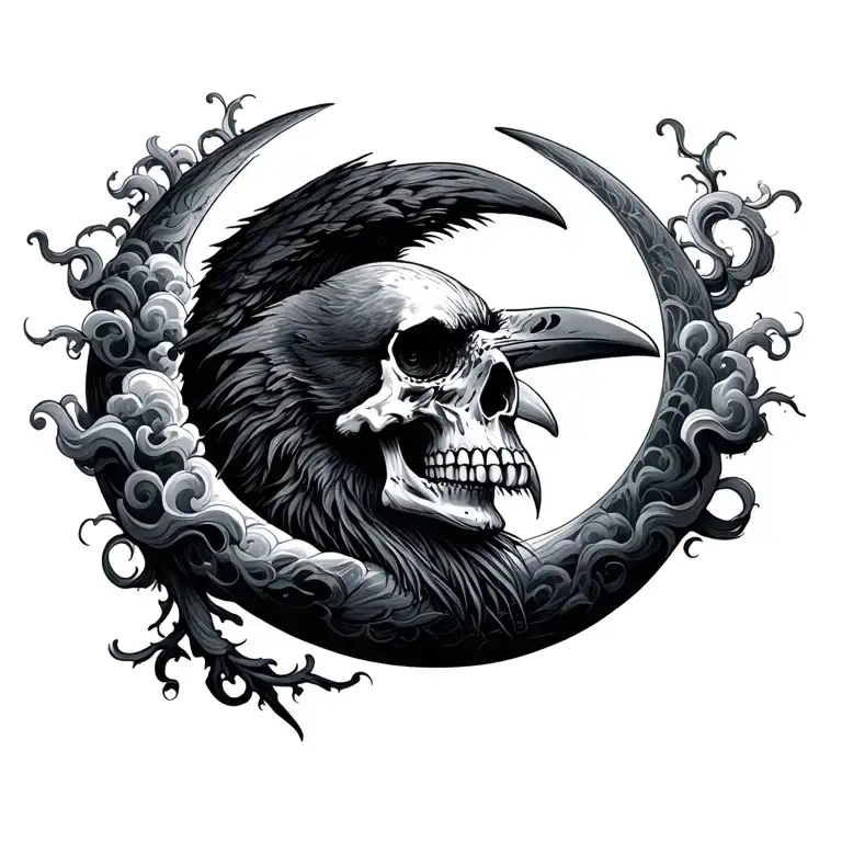 Raven Half Moon Skull Clouds