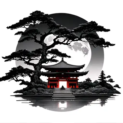 Japanese Temple With Samurai And Moon With Tree