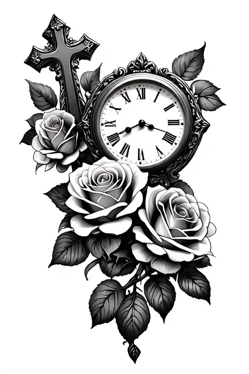 Roses With Cross And Clock
