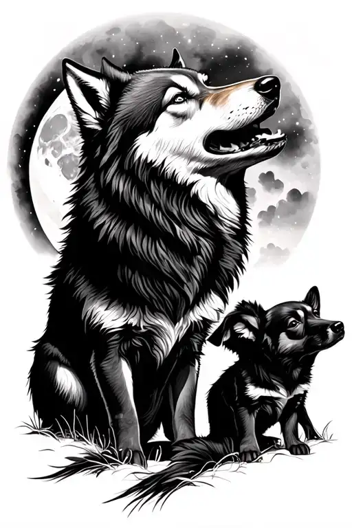 Wolf Howling And Moon With Puppies Playing Together
