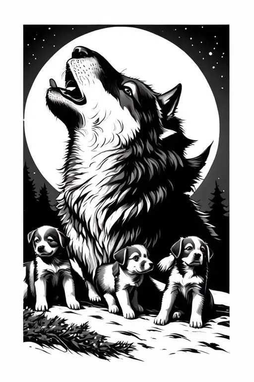 Wolf Howling At Moon With Puppies Playing Together