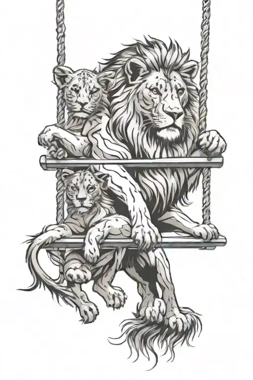 Lion Below Silhouettes Of A Girl And Son On A Swing