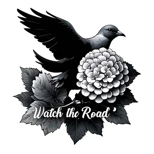 A Dove With A Hydrangea Flower And A Script Quote Saying Watch The Road