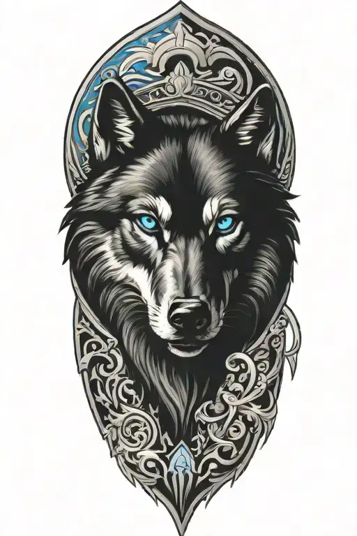 Majestic Black Wolf Armor Tattoo Design With Blue Eyes