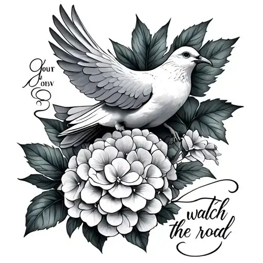 A Dove With A Hydrangea Flower And A Script Quote Saying Watch The Road