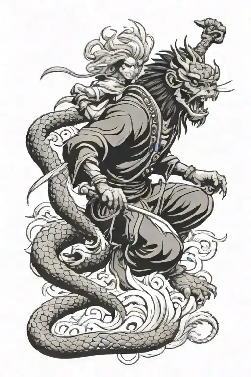 A Modern Interpretation Of The Monkey King Battling A Dragon In A Traditional Japanese Style