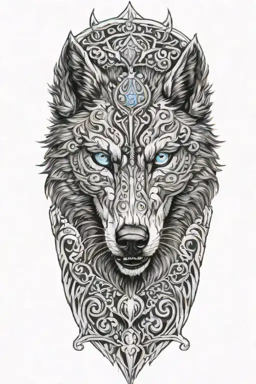 Majestic Black Wolf On Holy Armor Tattoo Design Featuring Blue Eyes