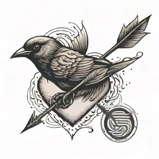 Arrow And Heart Thumbprint With Black Bird Flying Away