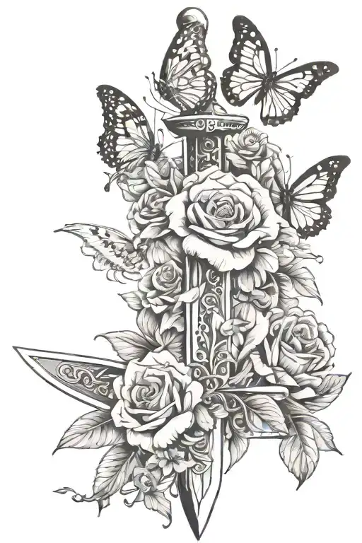 Flowers Wrapped Around A Sword With Butterflies Fluttering