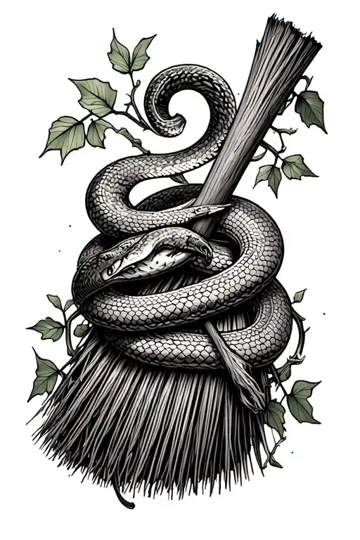 Long Withes Broom Stick With Snake And Ivy Wrapped Around It