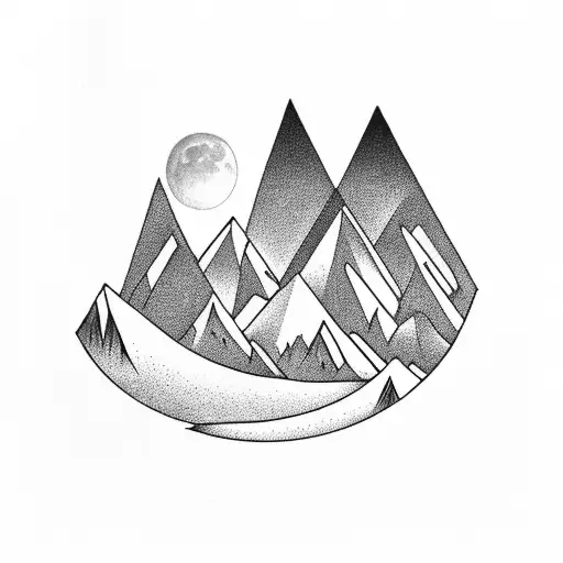 Three Elegant Mountain Peaks With A Crescent Moon Above