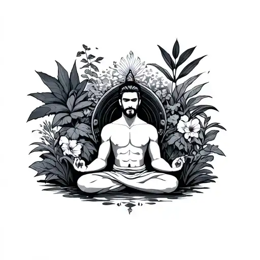 Male Warrior Meditating In A Garden