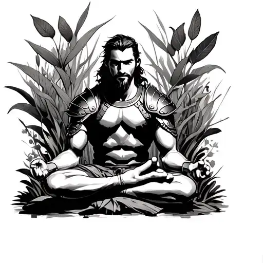Armored Male Warrior Meditating In A Garden