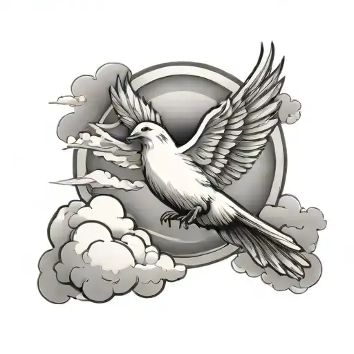 Dove Flying To Sun And Clouds