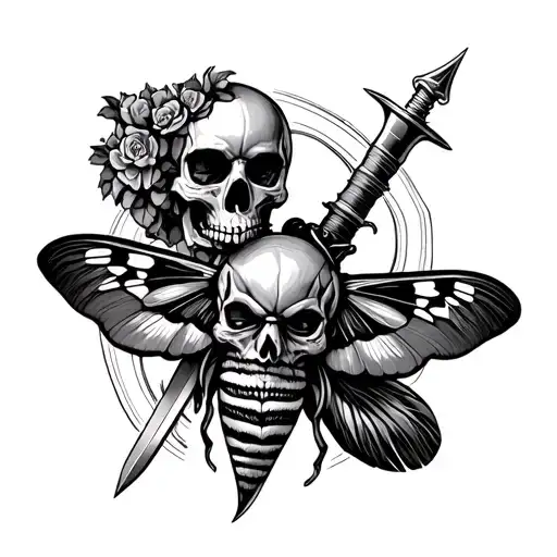 American Traditional Moth With Skull And Dagger Throught He Center