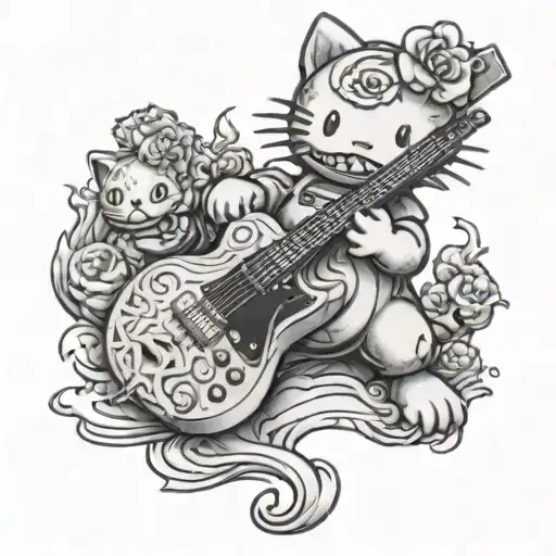 Hello Kitty Playing Guittar Next To Baby Godzilla