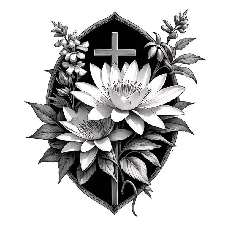 A Cross Intertwined With Water Lily And Larkspur Flowers