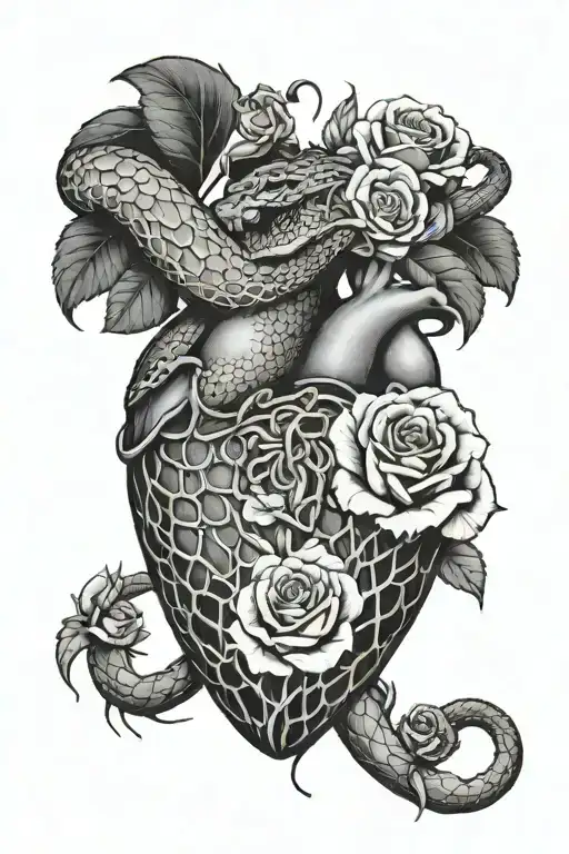 Snake Going Around Human Heart With Roses