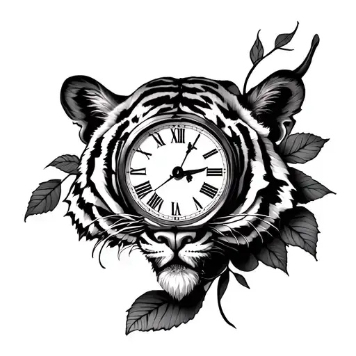 Clock Rose Tiger Sleeve Tattoo Design