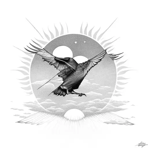 Raven Flying Towards The Sun Burning Up