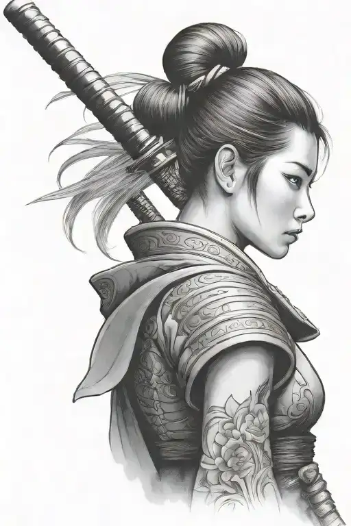 Samurai Standing Side Profile Traditional Lady Straight Katana