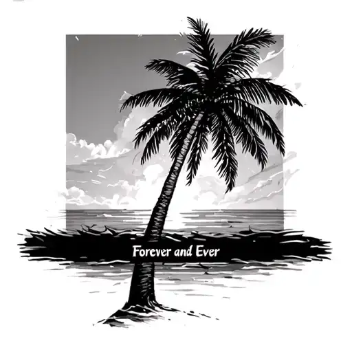 Tattoo Of A Palm Tree With The Forever And Ever Phrase Instead Of The Trunk
