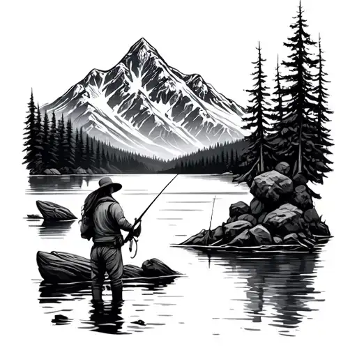 Mountain And Lake With Fisherman And Girls Girl