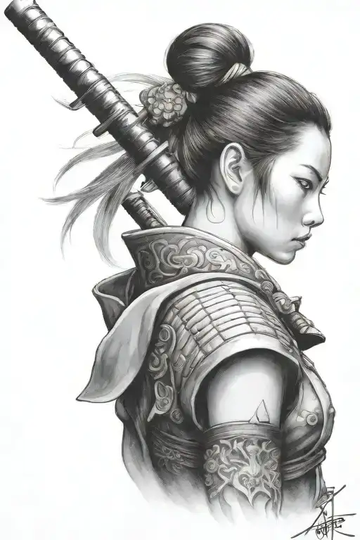Samurai Girl Standing With Katana On The Back