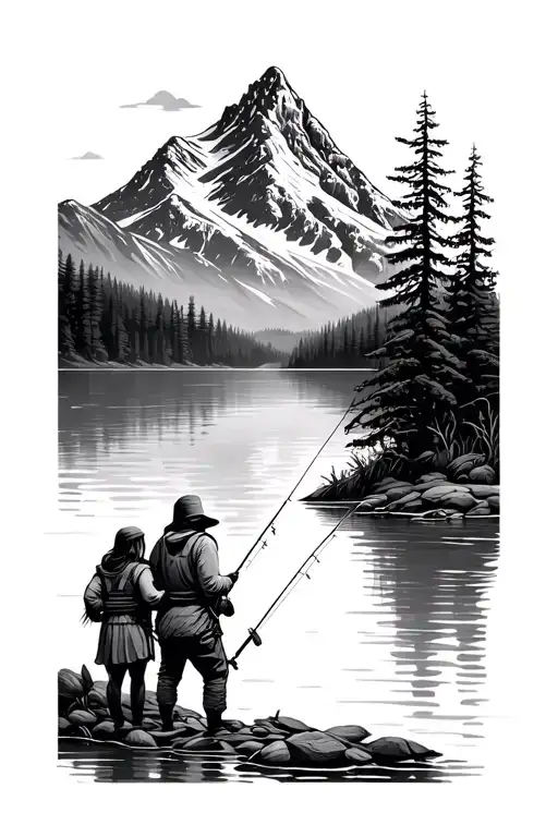 Mountain And Lake With Fisherman And Girls Girl