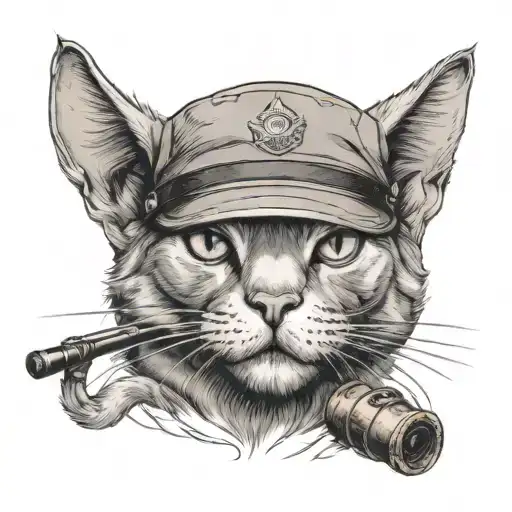 Grey And White Tough Cat Wearing A Military On Its Head And Smoking A Cigar In Its Mouth