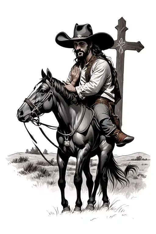 Praying Cowboy With Horse And Cross